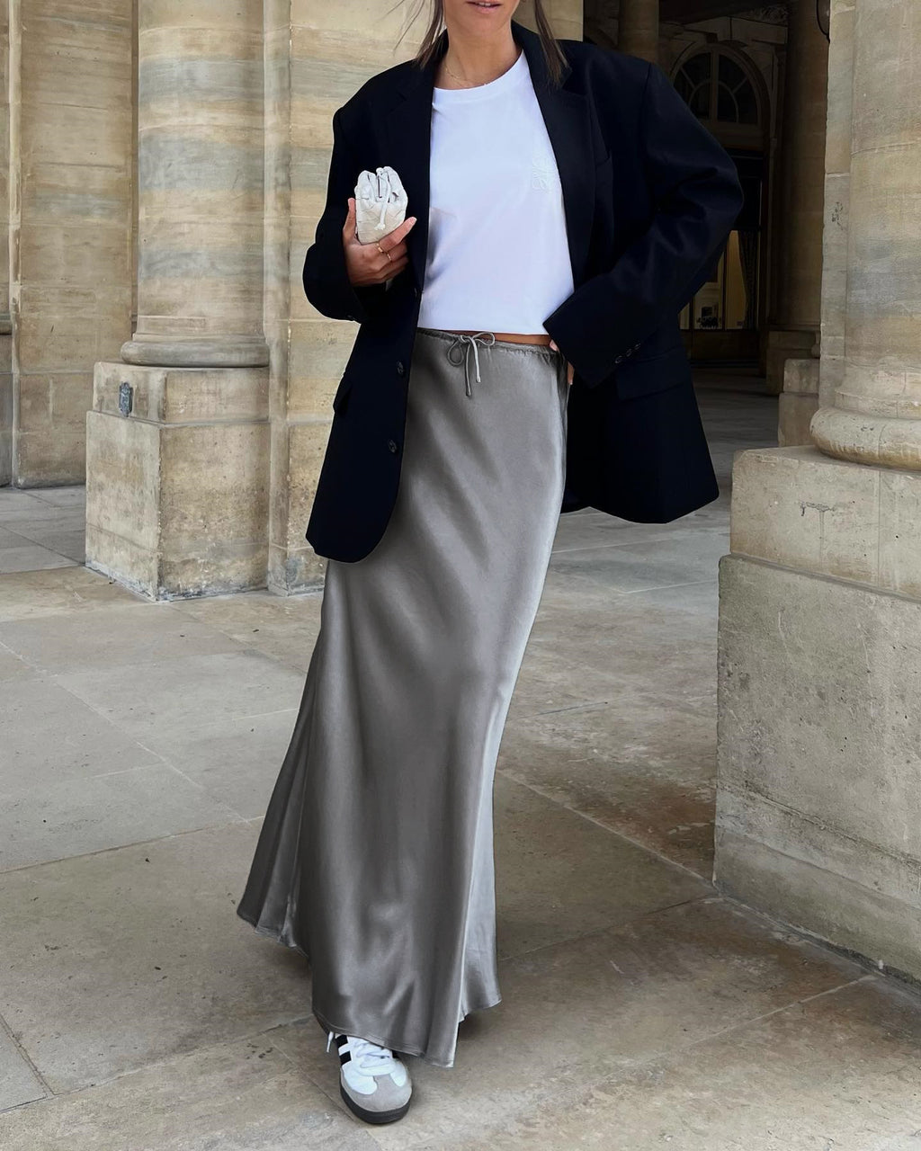 Bias Cut Satin Drawstring Maxi Skirt - grey