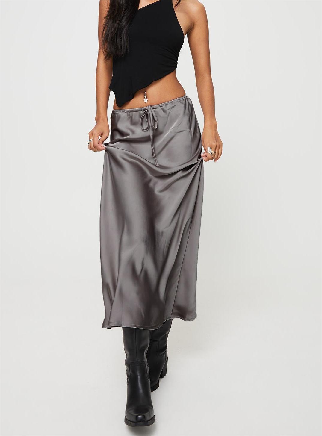 Bias Cut Satin Drawstring Maxi Skirt - grey - 2