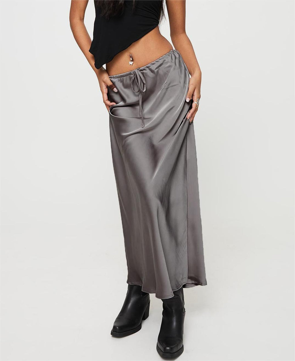 Bias Cut Satin Drawstring Maxi Skirt - grey - 3