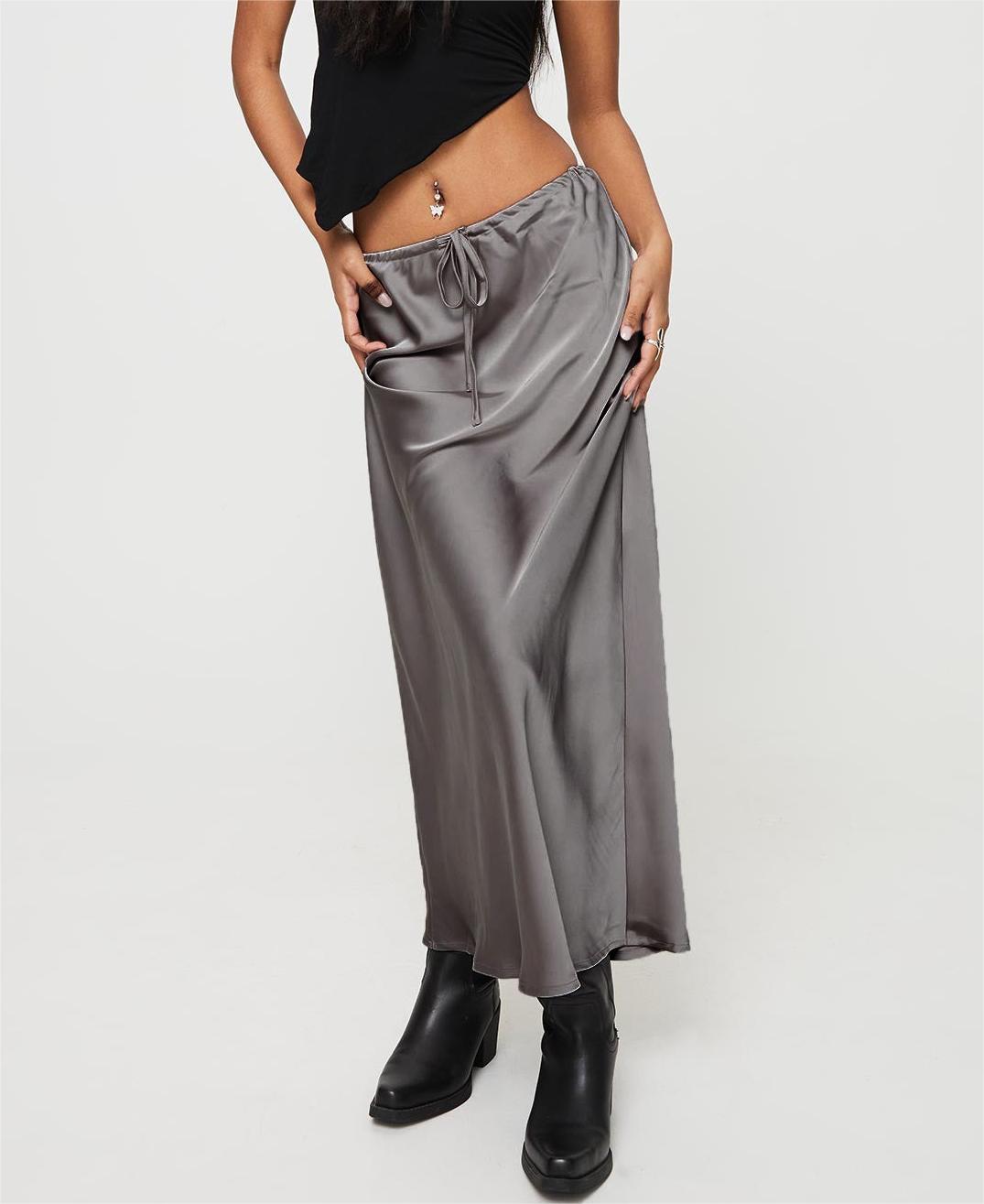 Bias Cut Satin Drawstring Maxi Skirt - grey - 3