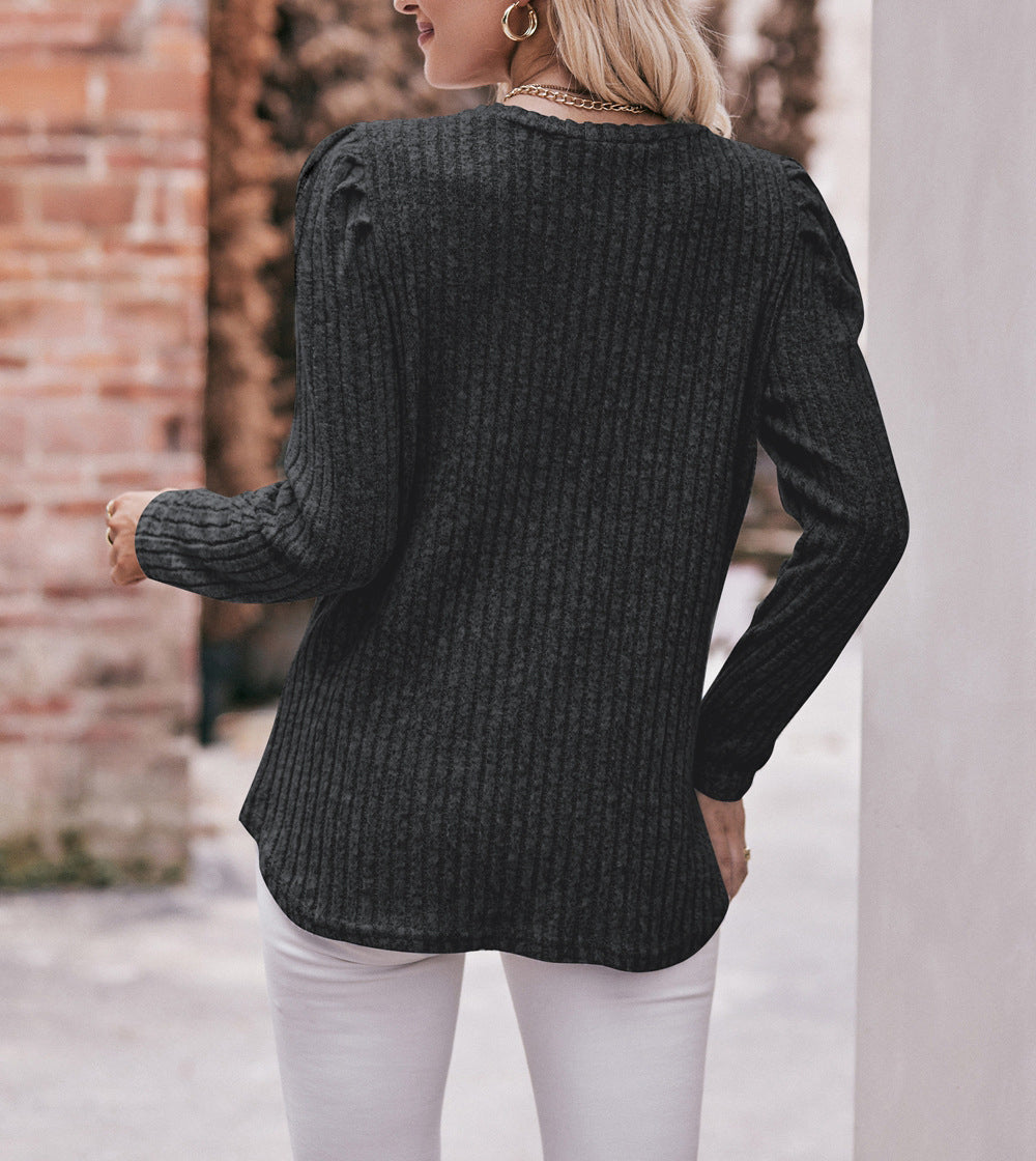 Puff Shoulder Ribbed Curved Hem Top - Black gray - 2