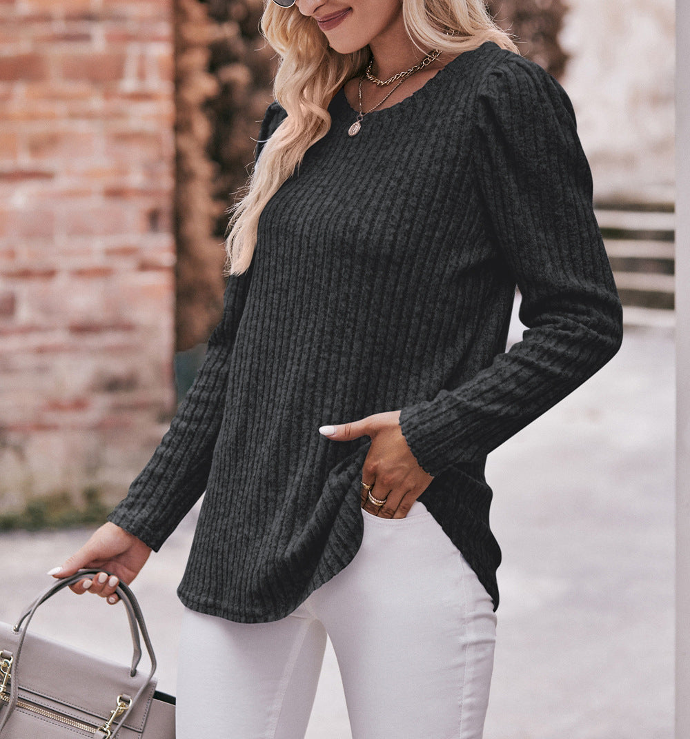 Puff Shoulder Ribbed Curved Hem Top - Black gray - 3