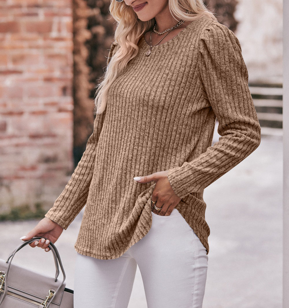 Puff Shoulder Ribbed Curved Hem Top - Camel color - 1