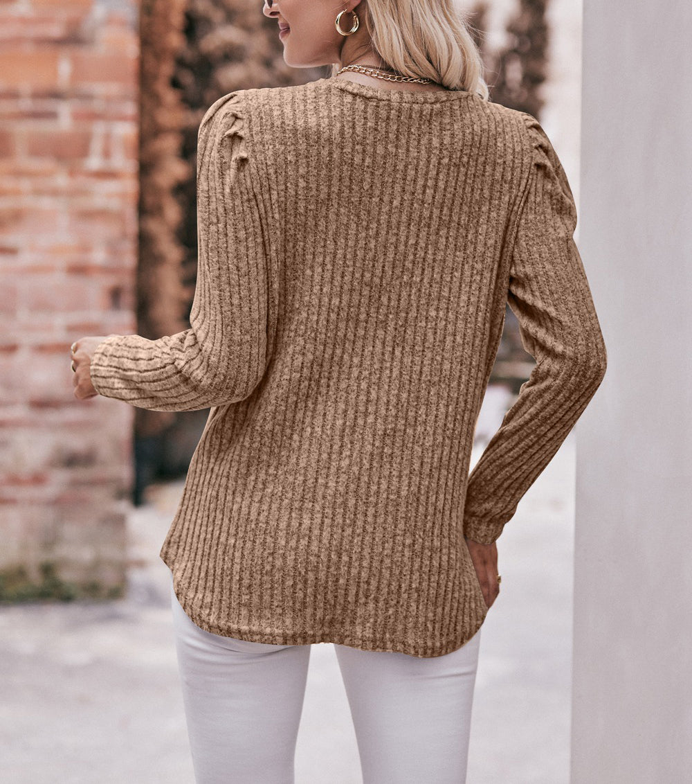 Puff Shoulder Ribbed Curved Hem Top - Camel color - 2
