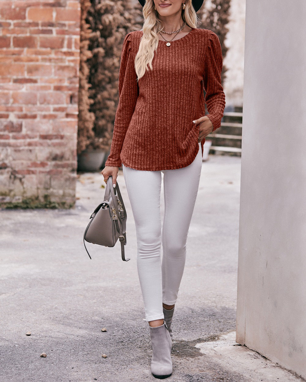 Puff Shoulder Ribbed Curved Hem Top - Caramel - 1