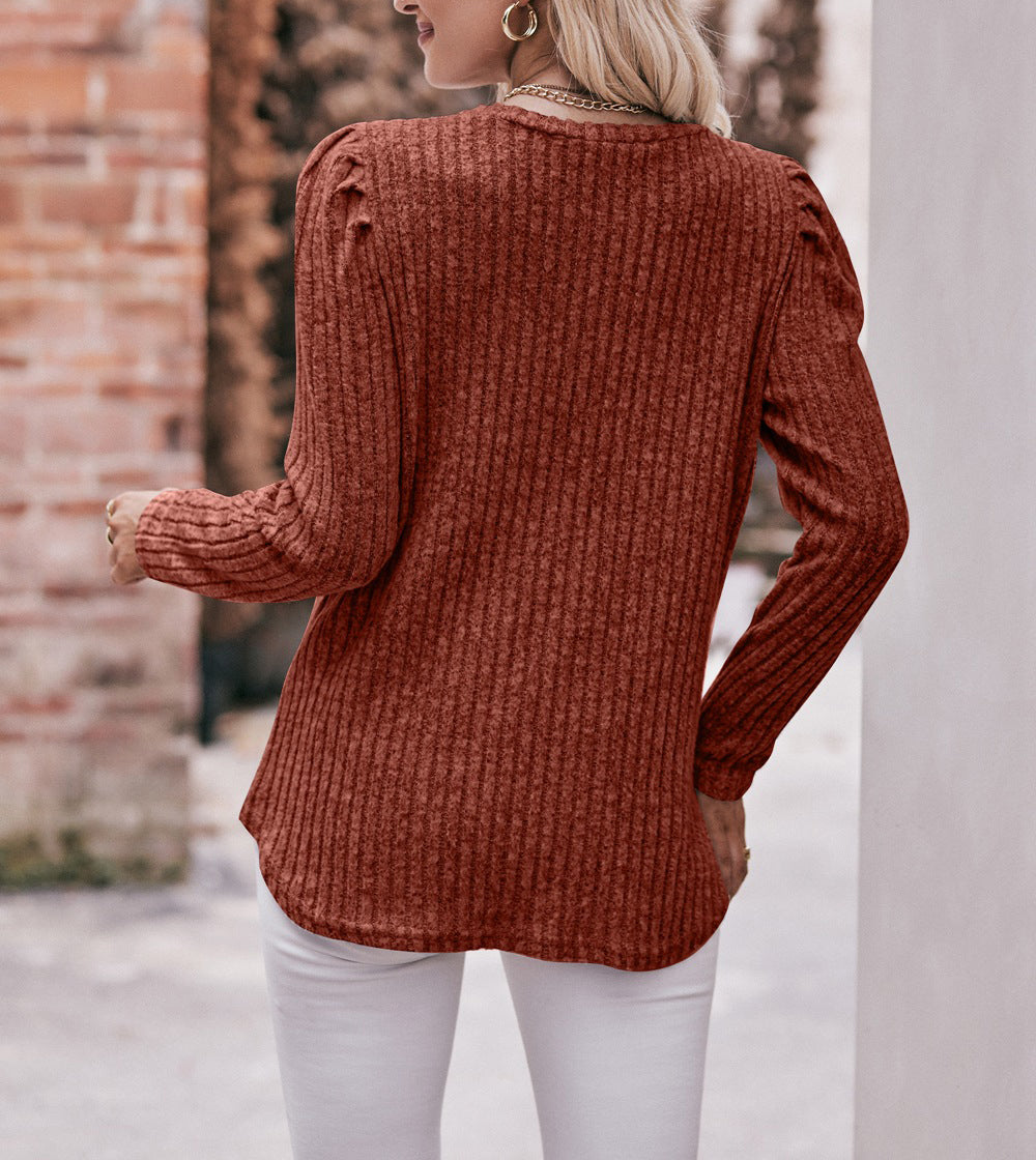 Puff Shoulder Ribbed Curved Hem Top - Caramel - 2