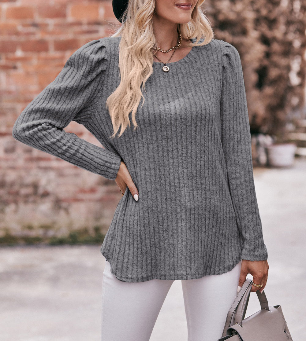 Puff Shoulder Ribbed Curved Hem Top - Dark gray - 1