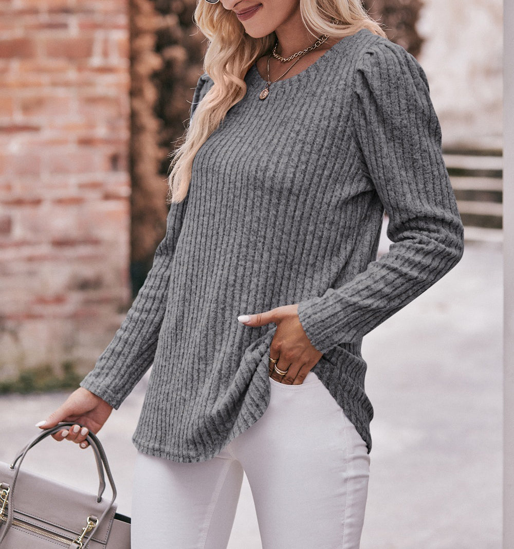 Puff Shoulder Ribbed Curved Hem Top - Dark gray - 3