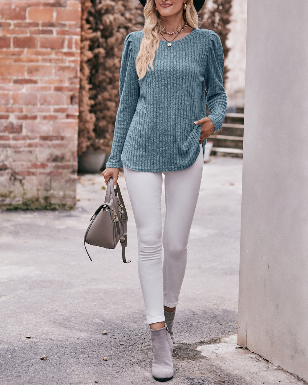 Puff Shoulder Ribbed Curved Hem Top - Grey blue - 1