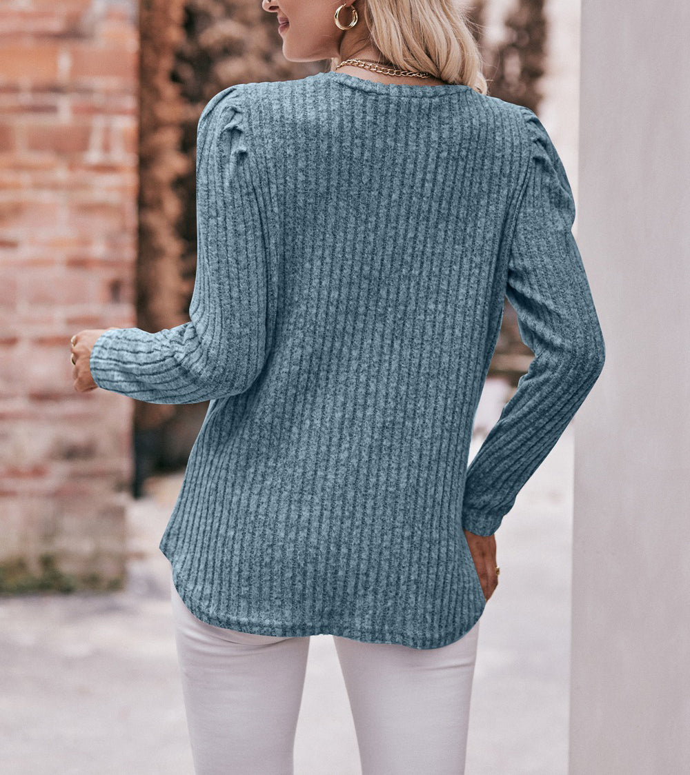 Puff Shoulder Ribbed Curved Hem Top - Grey blue - 2