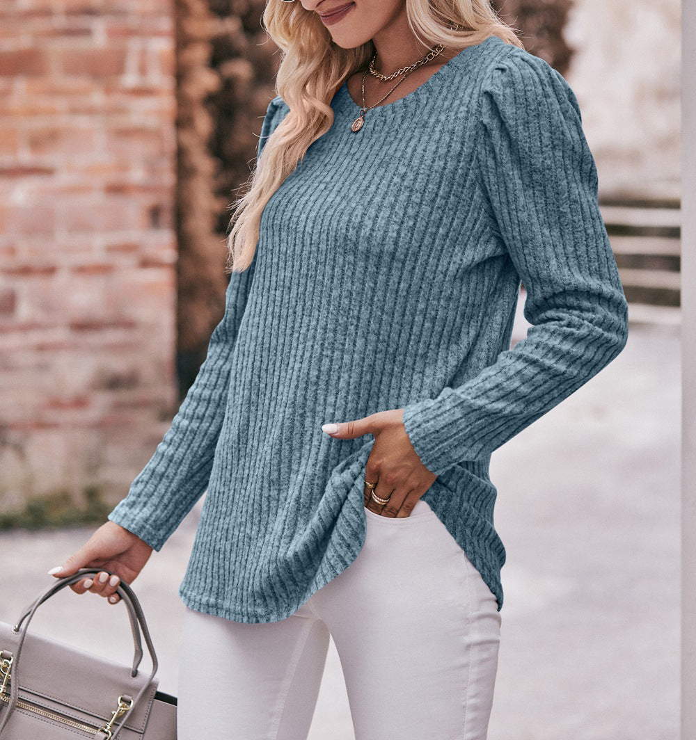 Puff Shoulder Ribbed Curved Hem Top - Grey blue - 3