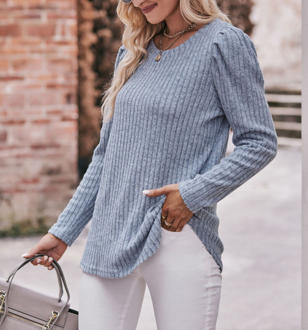 Puff Shoulder Ribbed Curved Hem Top - Light blue - 1