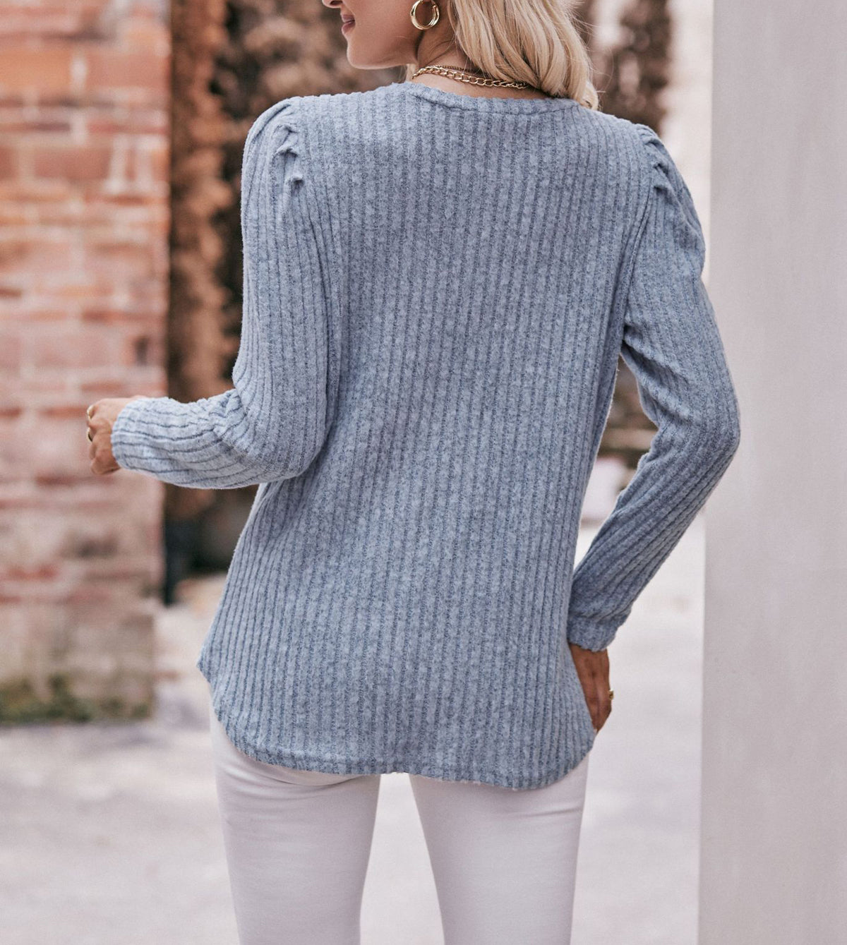 Puff Shoulder Ribbed Curved Hem Top - Light blue - 2