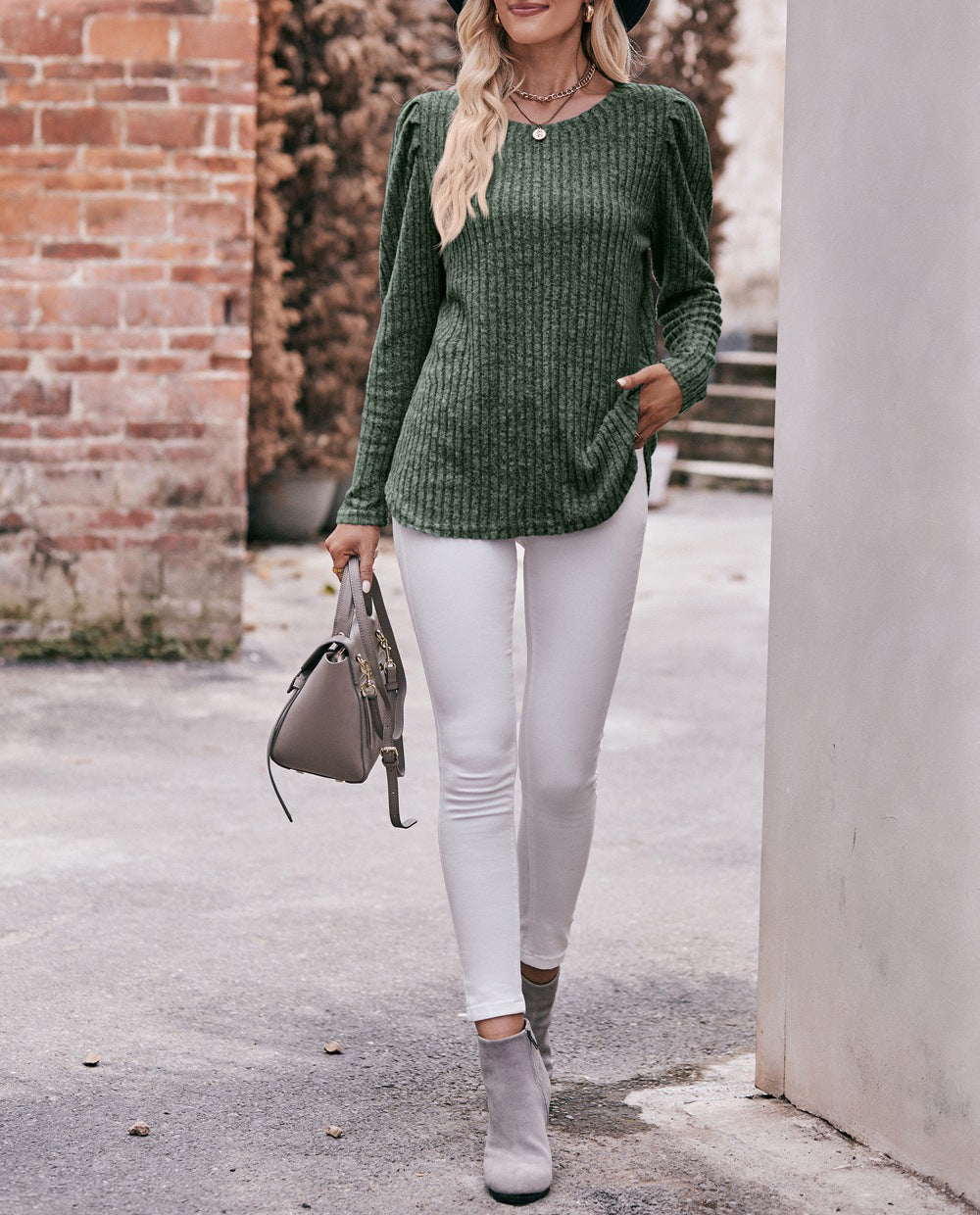 Puff Shoulder Ribbed Curved Hem Top - Military Green - 1