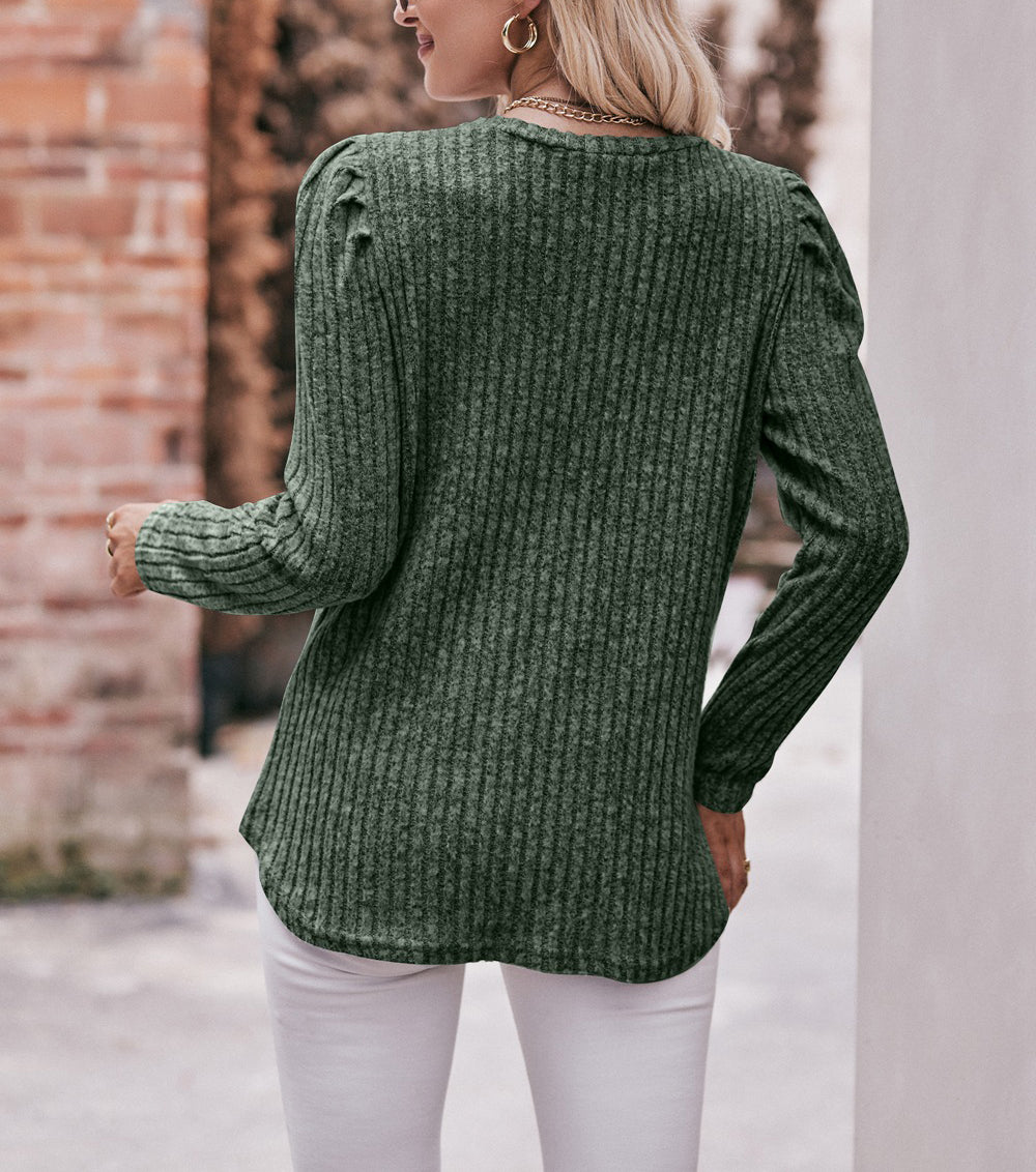 Puff Shoulder Ribbed Curved Hem Top - Military Green - 2