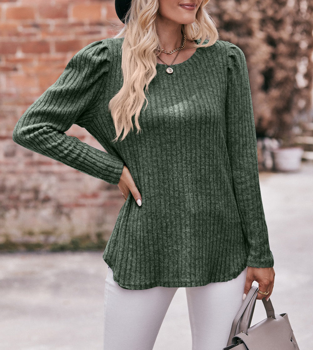 Puff Shoulder Ribbed Curved Hem Top - Military Green - 3