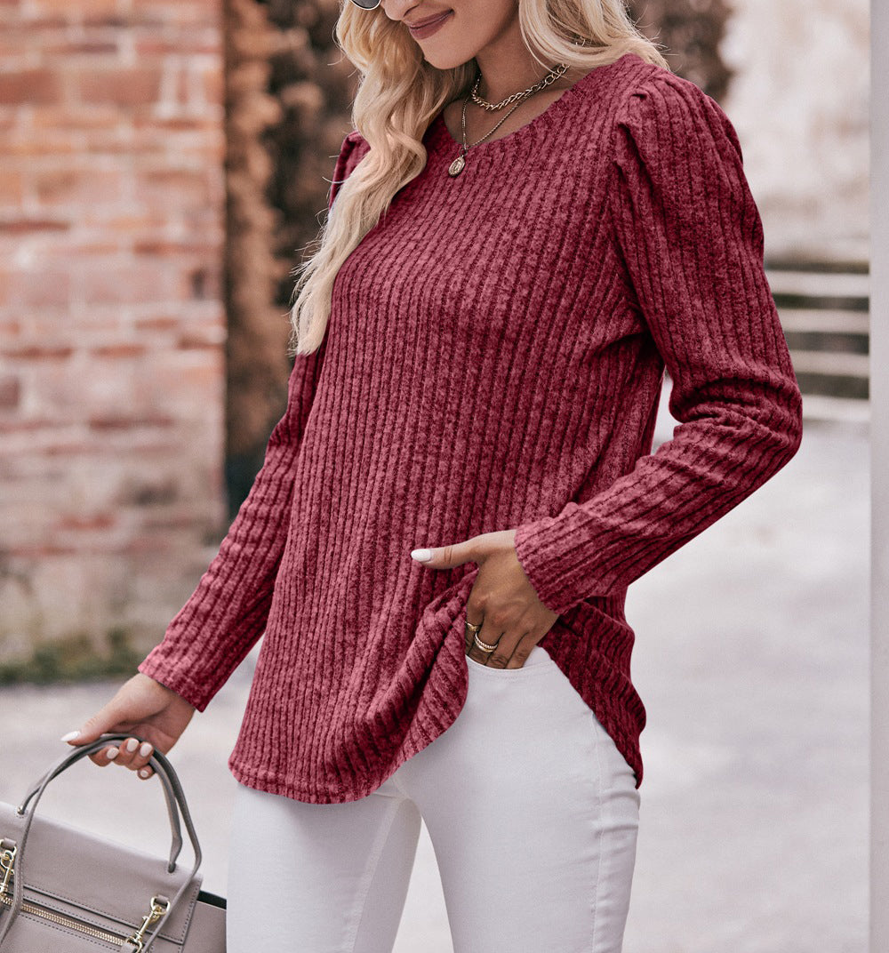 Puff Shoulder Ribbed Curved Hem Top - Wine red - 1