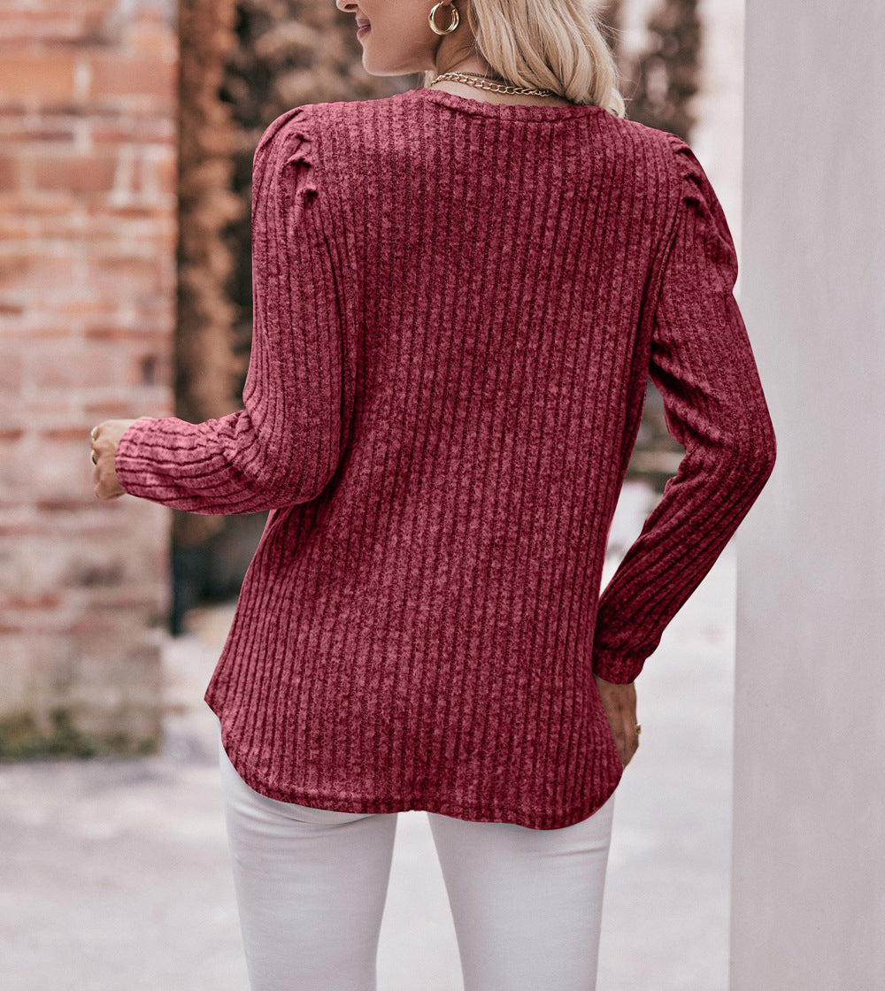 Puff Shoulder Ribbed Curved Hem Top - Wine red - 2