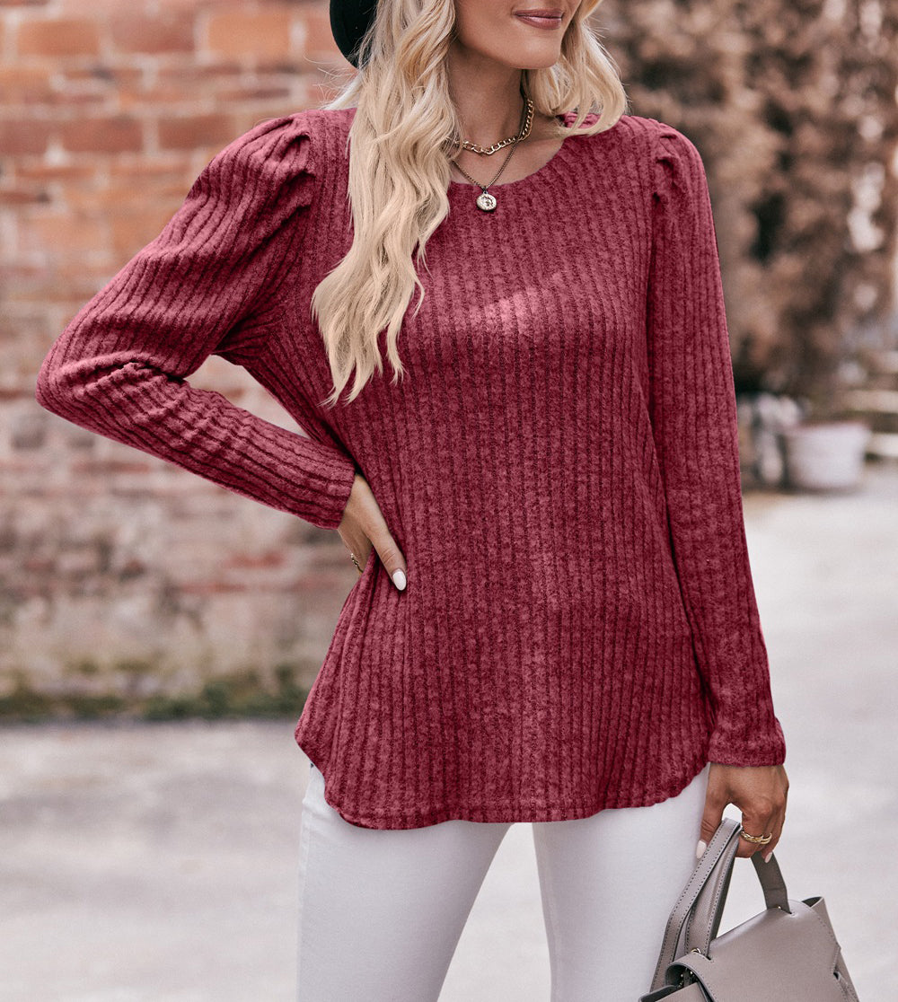 Puff Shoulder Ribbed Curved Hem Top - Wine red - 3