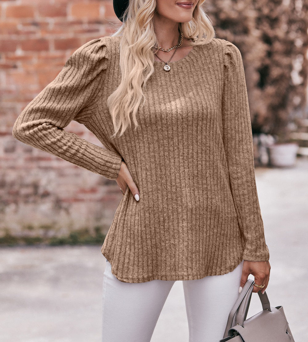 Puff Shoulder Ribbed Curved Hem Top