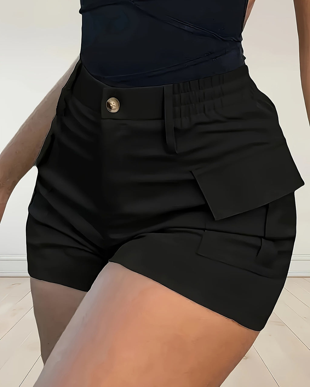 Stretch High Rise Cargo Shorts With Flap Pockets - Black
