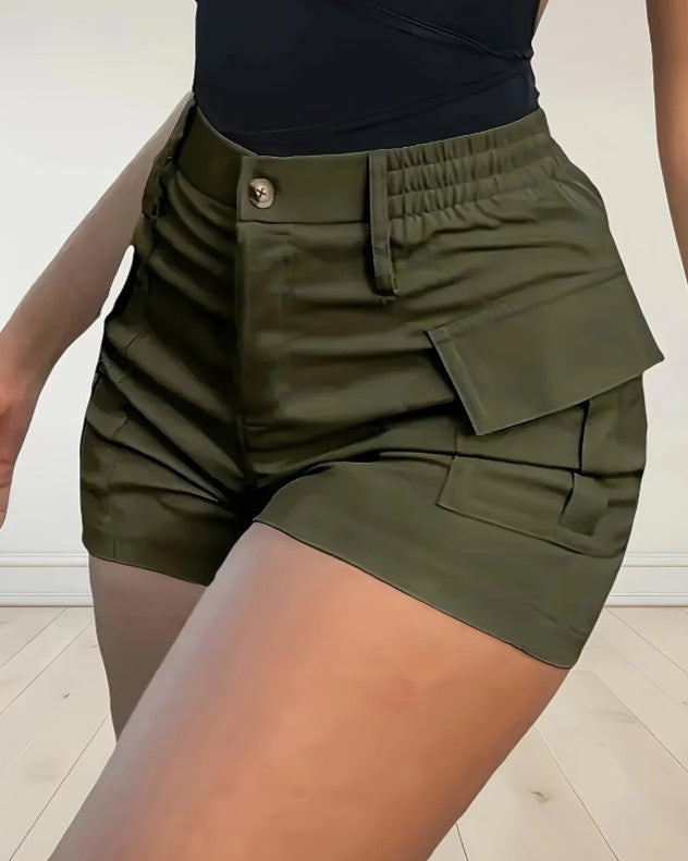 Stretch High Rise Cargo Shorts With Flap Pockets - Green