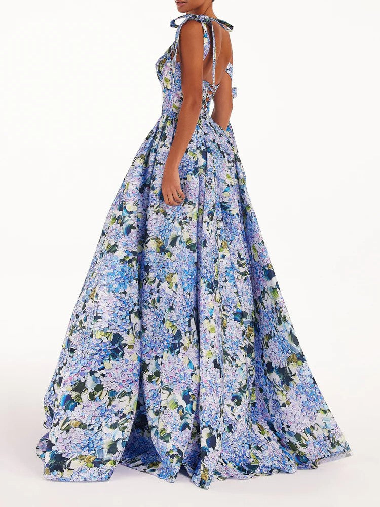 Shoulder Tie Floral Ball Gown Maxi Dress - Blue - 2
