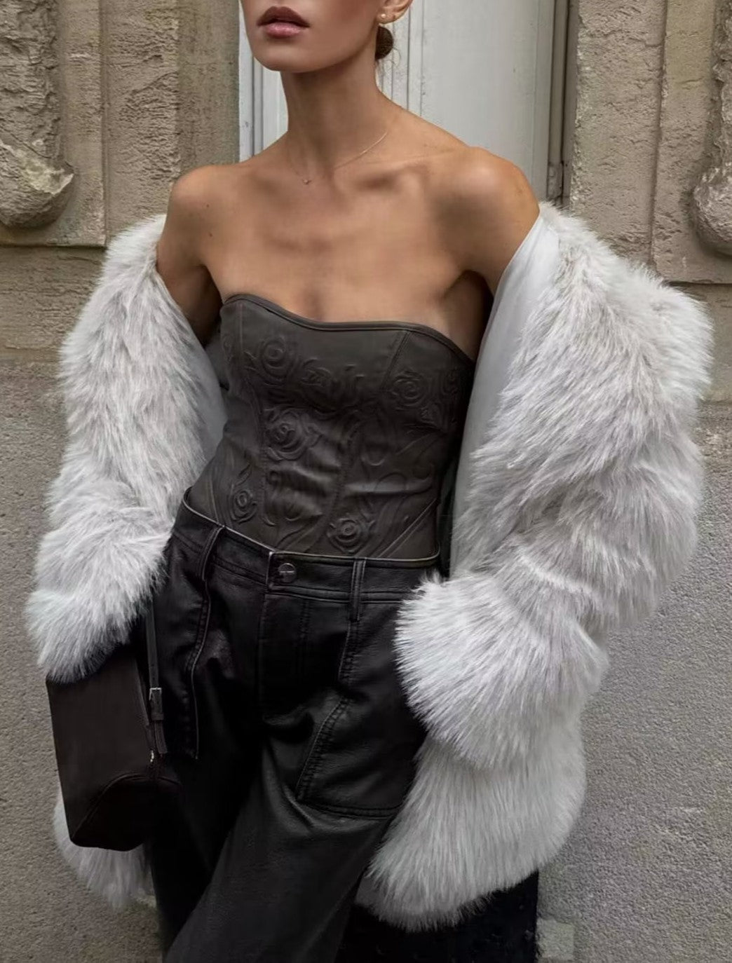 Notch Lapel Longline Faux Fur Coat - Grey