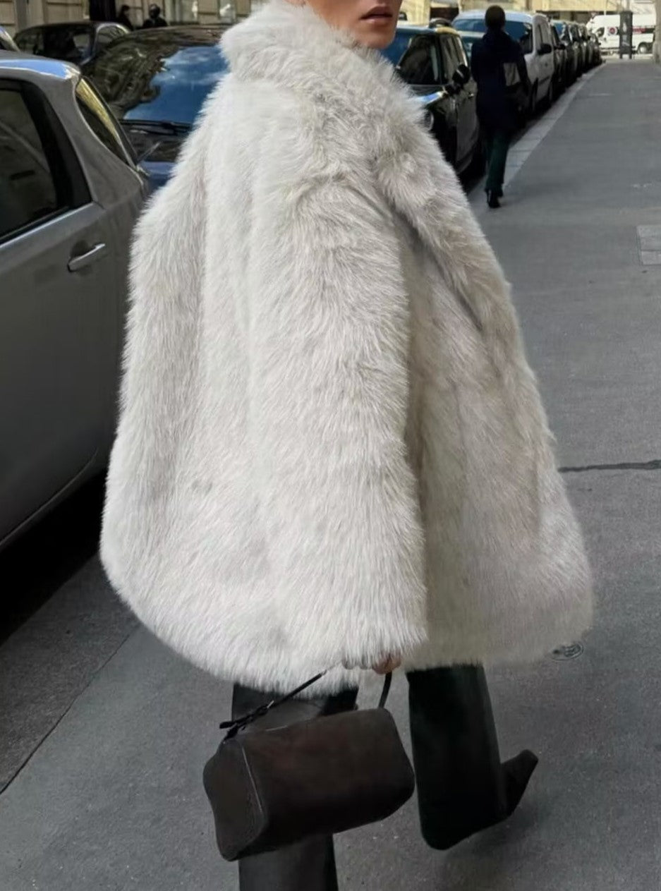 Notch Lapel Longline Faux Fur Coat - Grey - 1