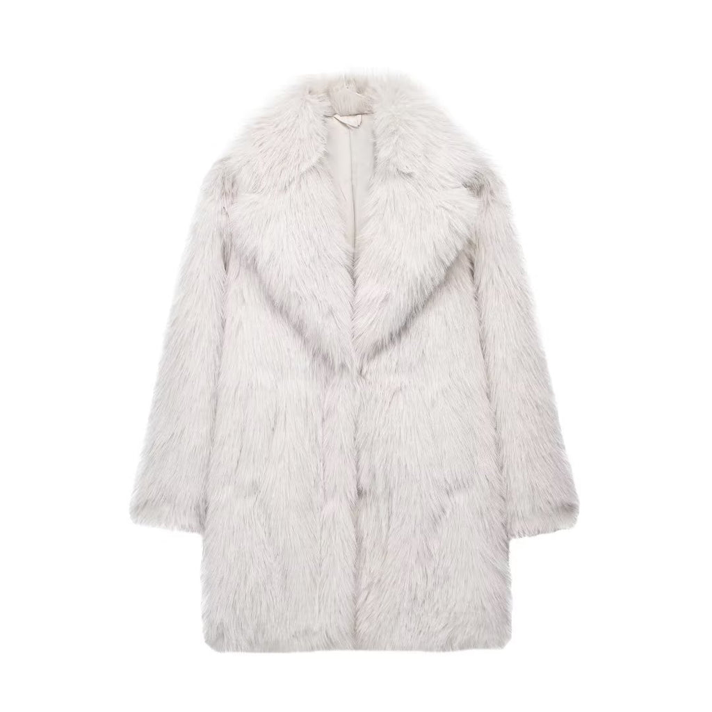Notch Lapel Longline Faux Fur Coat - White