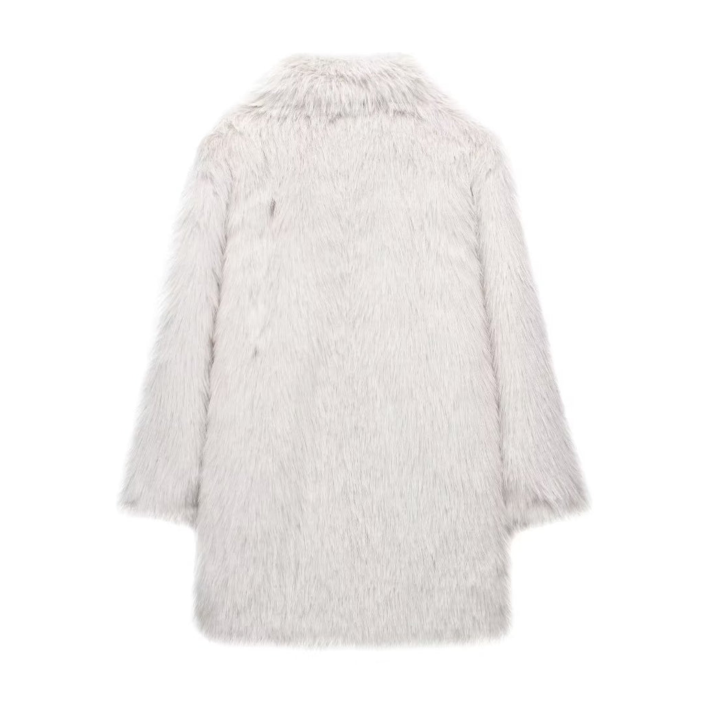 Notch Lapel Longline Faux Fur Coat - White - 1