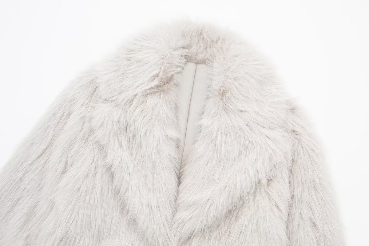 Notch Lapel Longline Faux Fur Coat - White - 2