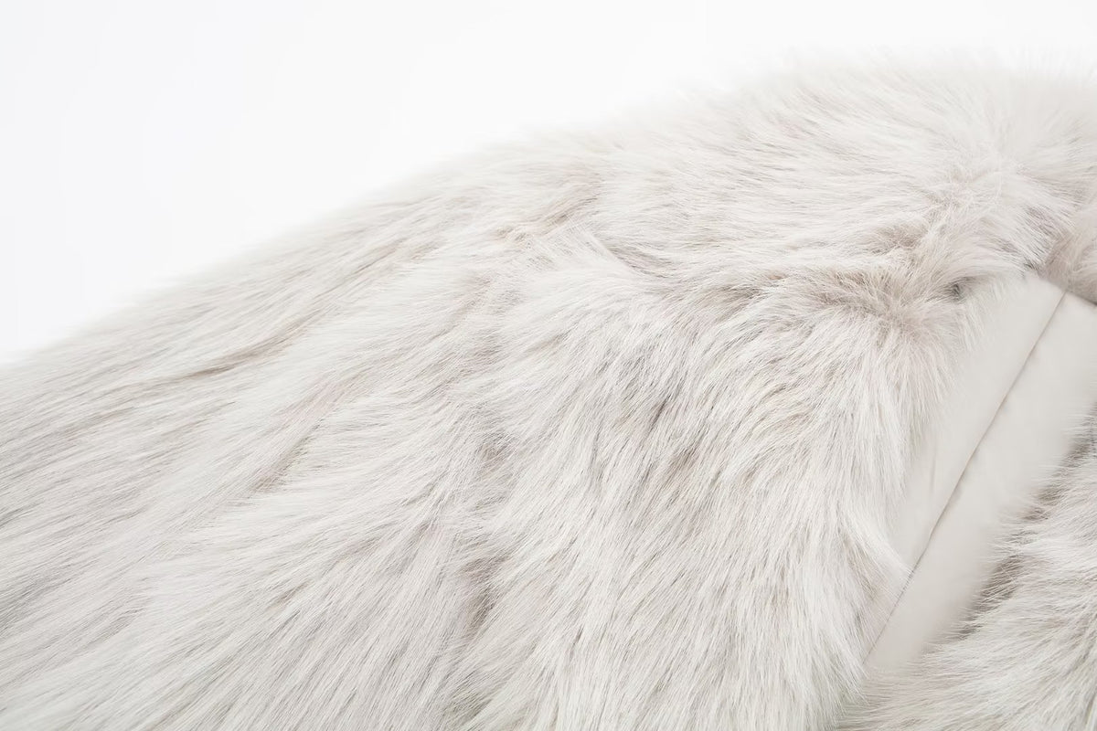 Notch Lapel Longline Faux Fur Coat - White - 3