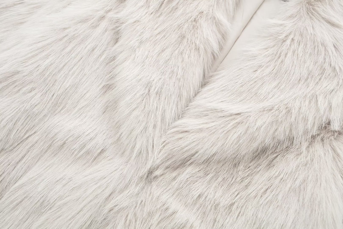 Notch Lapel Longline Faux Fur Coat - White - 4