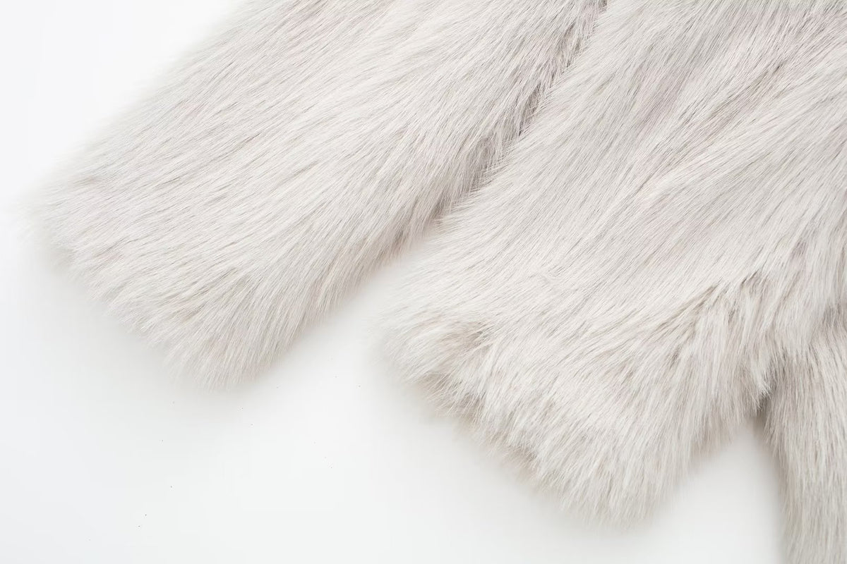 Notch Lapel Longline Faux Fur Coat - White - 6