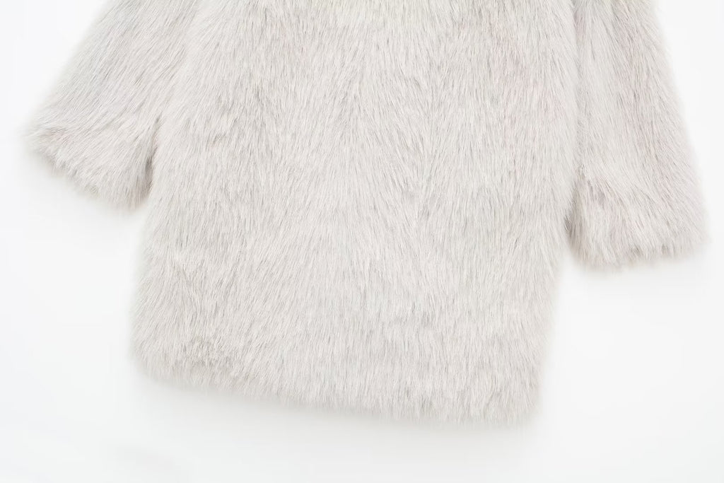 Notch Lapel Longline Faux Fur Coat - White - 8