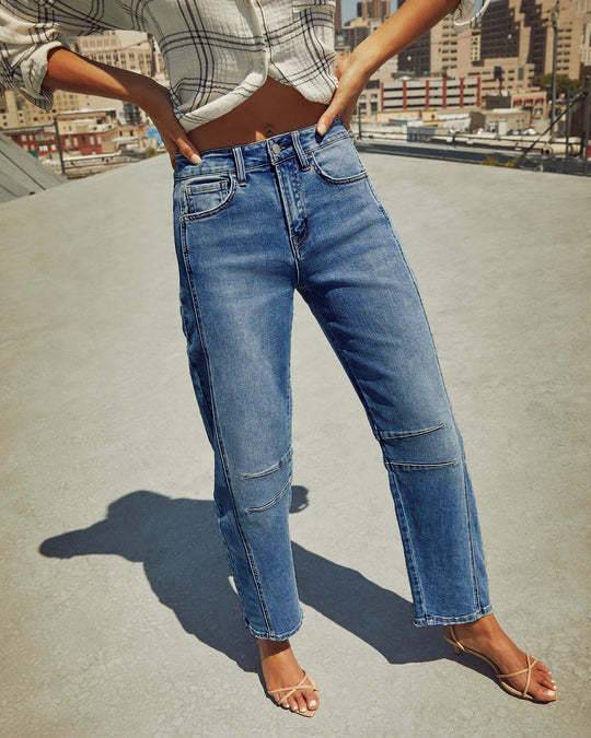Relaxed Barrel Fit Denim Mom Jeans - DarkBlue