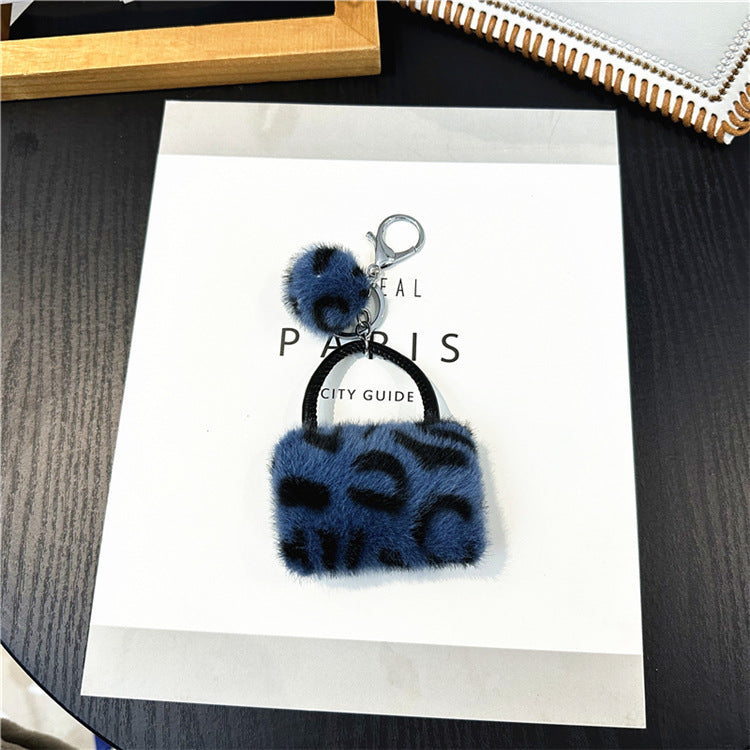 Plush Leopard Mini Bag Keychain Charm - Blue