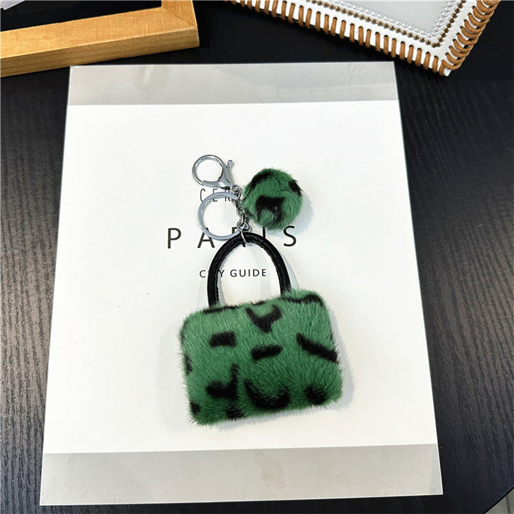 Plush Leopard Mini Bag Keychain Charm - Green