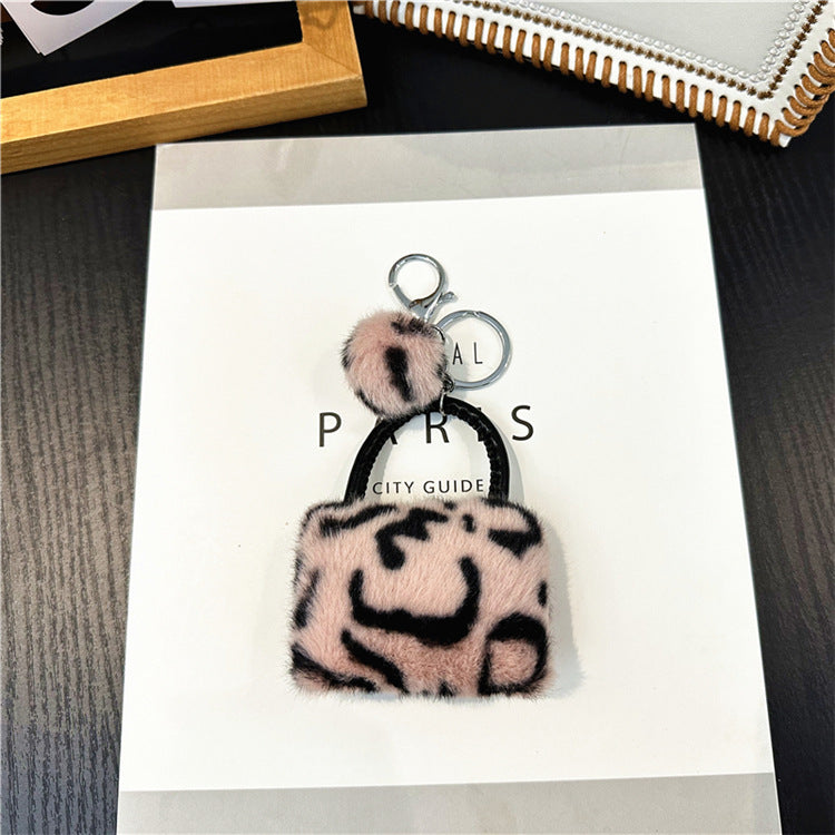 Plush Leopard Mini Bag Keychain Charm - Pink