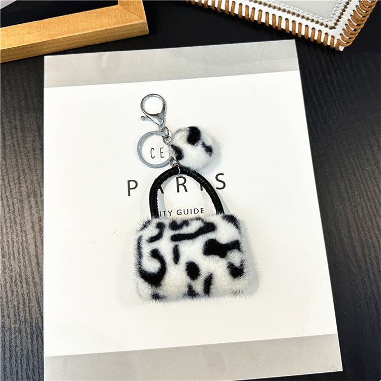 Plush Leopard Mini Bag Keychain Charm - White