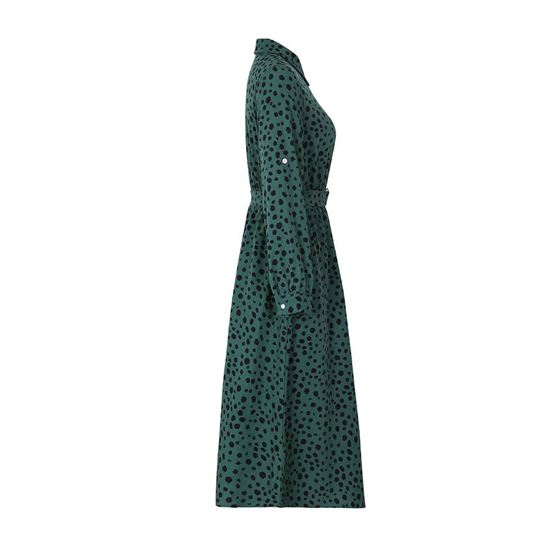 Spotted Print Belted Midi Shirt Dress - Green - 1
