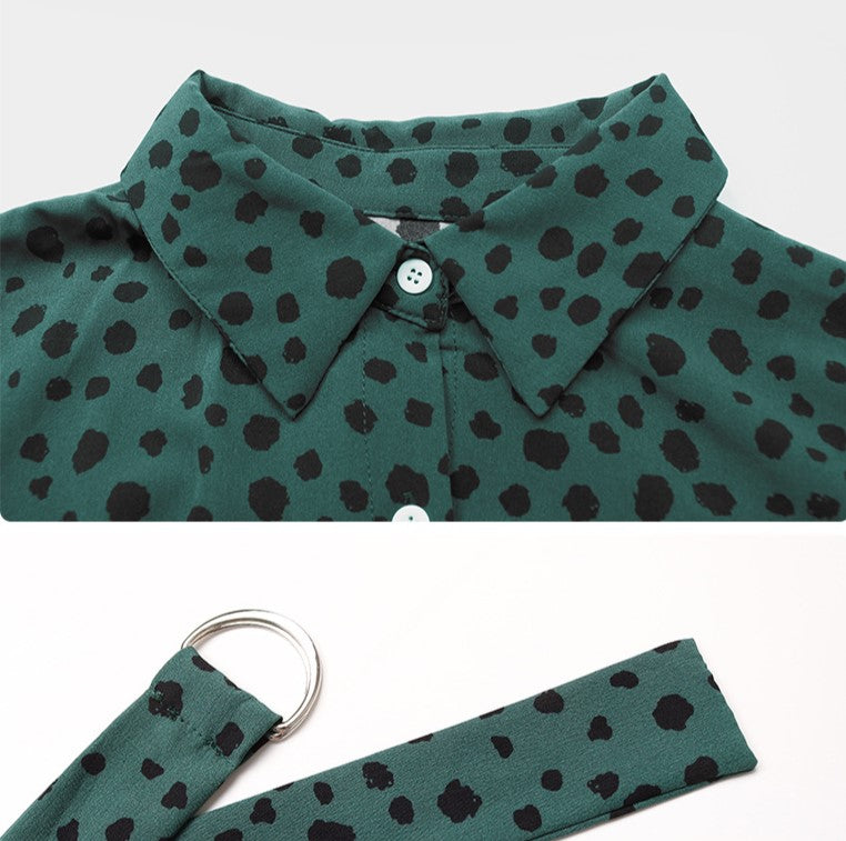 Spotted Print Belted Midi Shirt Dress - Green - 4