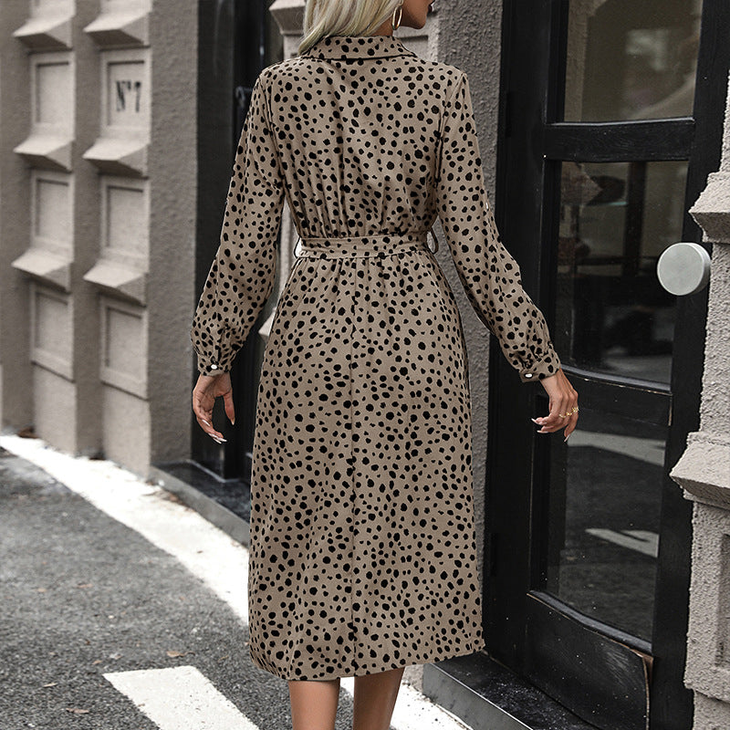 Spotted Print Belted Midi Shirt Dress - Khaki - 2