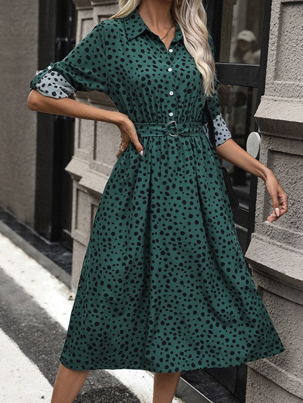 Spotted Print Belted Midi Shirt Dress - view 1