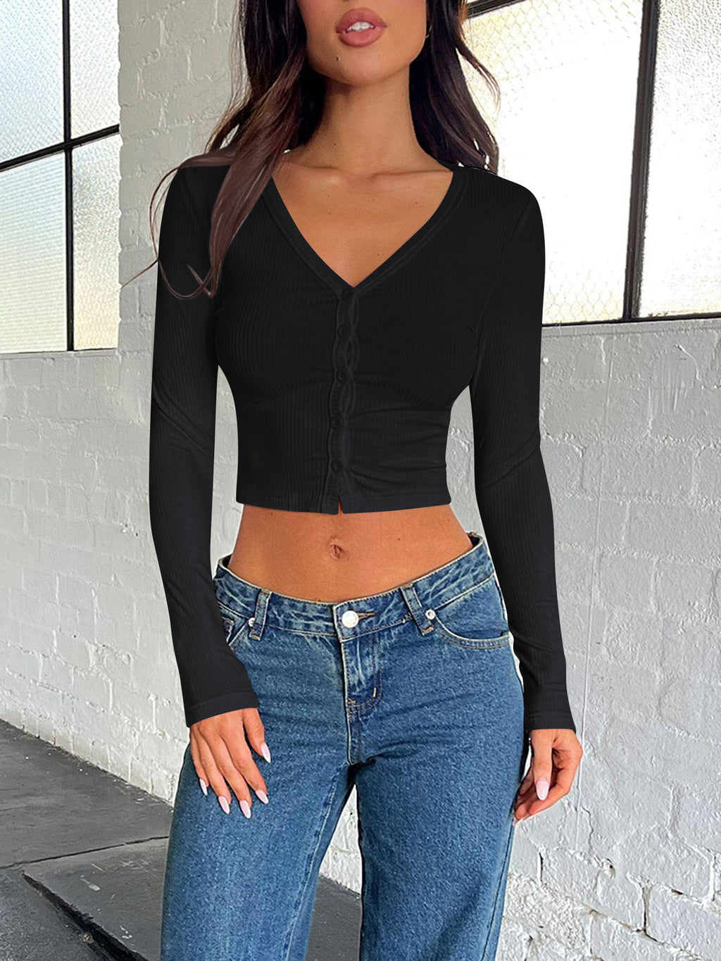 Ribbed V Neck Button Front Crop Top - Black