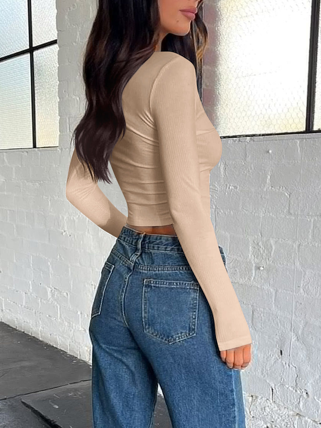 Ribbed V Neck Button Front Crop Top - Khaki - 1