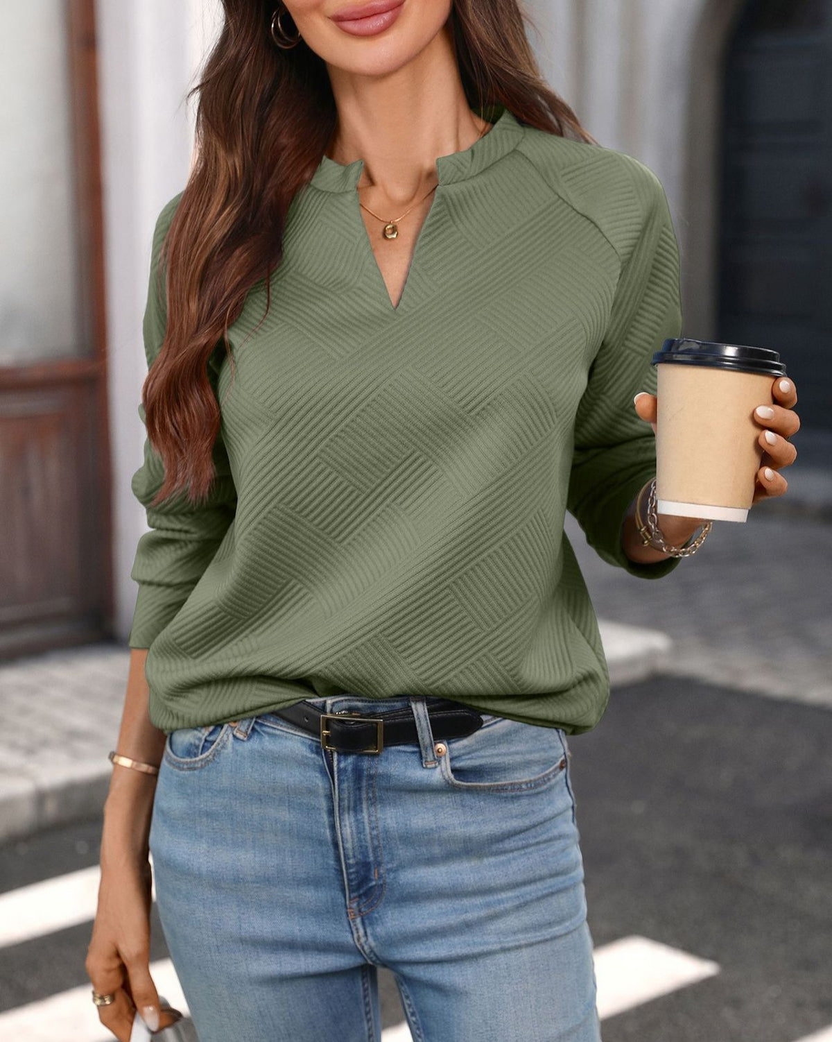 Notch Neck Textured Raglan Sweatshirt - Green - 1