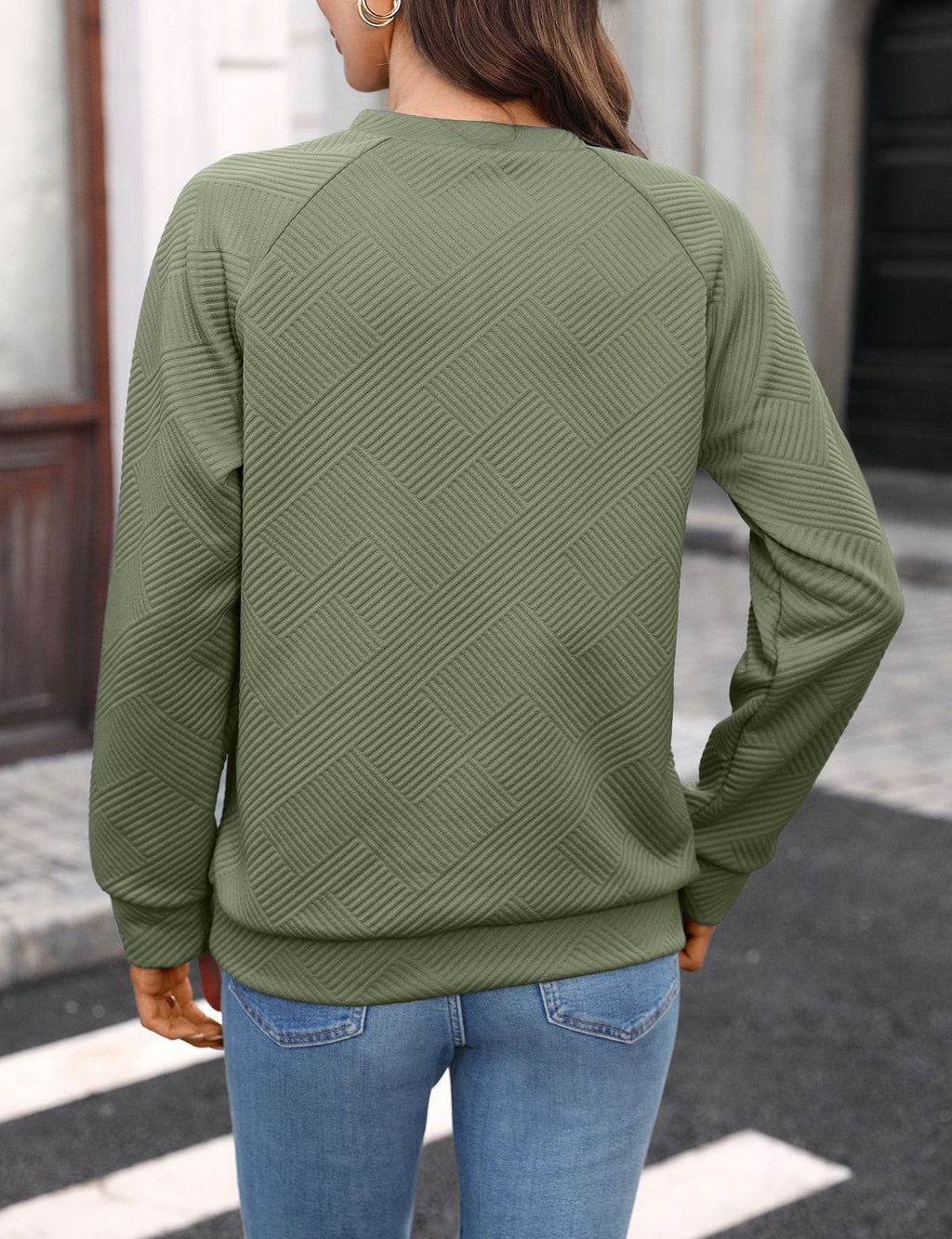 Notch Neck Textured Raglan Sweatshirt - Green - 2