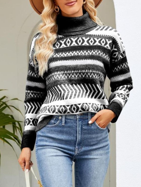 Fair Isle Jacquard Turtleneck Knit Sweater - Black - 1